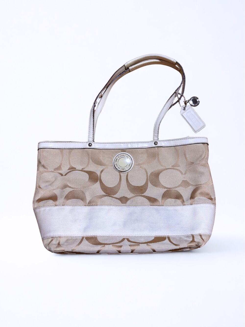 Coach Signature Stripe Tote Bag Cream Jacquard Logo Canvas Leather Trim Hangtag